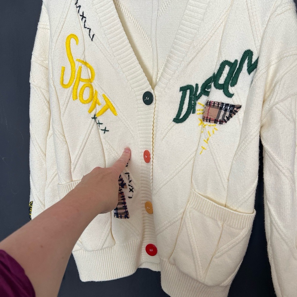 Womens Cardigan Size Cream Oversize Varsity Patchwork Embroidery Whimsical Retro - Picture 9 of 12